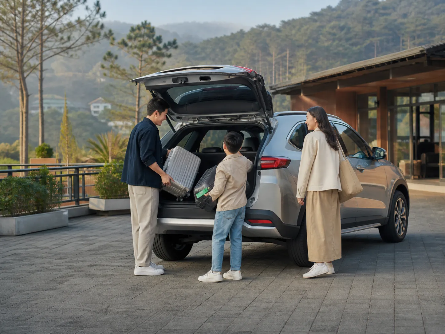 Gia đình xếp hành lý vào xe SUV trước chuyến tự lái