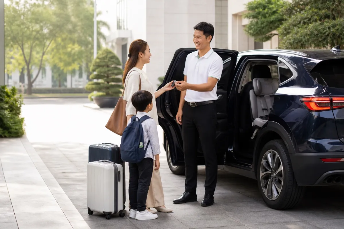 Nhân viên VETC Go bàn giao chìa khóa xe cho gia đình trước chuyến đi