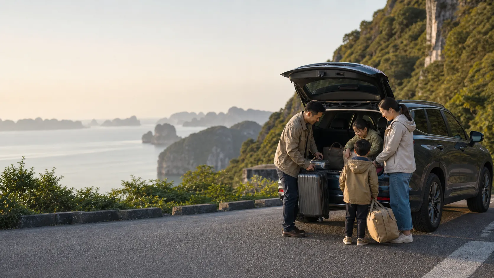 Gia đình chuẩn bị hành lý bên xe SUV trước chuyến đi